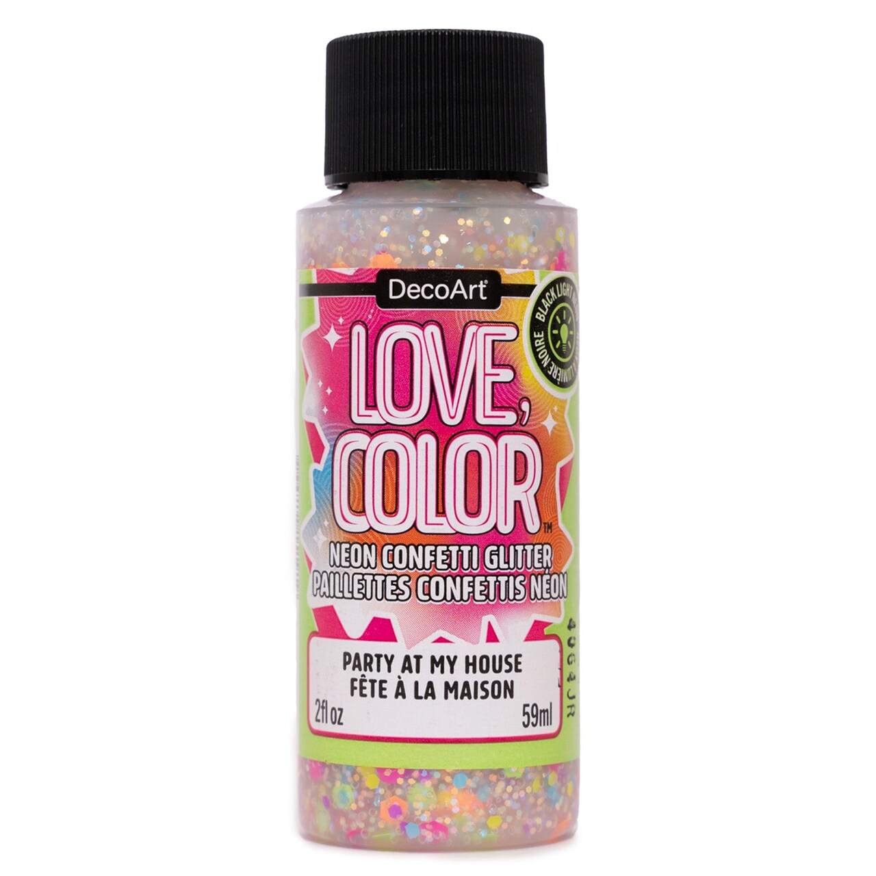 DecoArt Love, Color Neon Confetti Glitter Paint 2oz – UV Reactive Blacklight Glitter with Iridescent Sparkle for Crafts, Décor, DIY & Party Projects